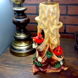 Vintage 1970s Hand Carved Wax Candle Sculpture With Cardinals Holiday Winter